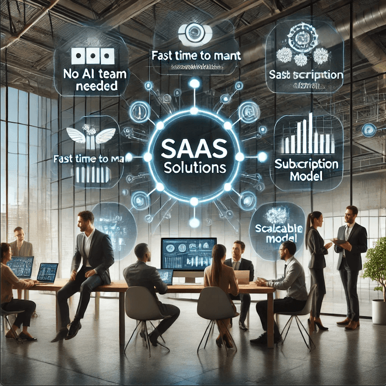 Business team discussing SaaS solutions in a modern office with digital graphics overlay showing features and benefits.