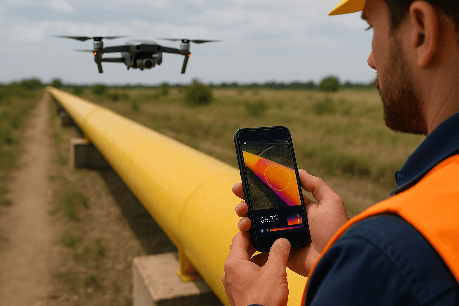 Worker holds smartphone with thermal image of pipeline, drone hovering above, field in background.