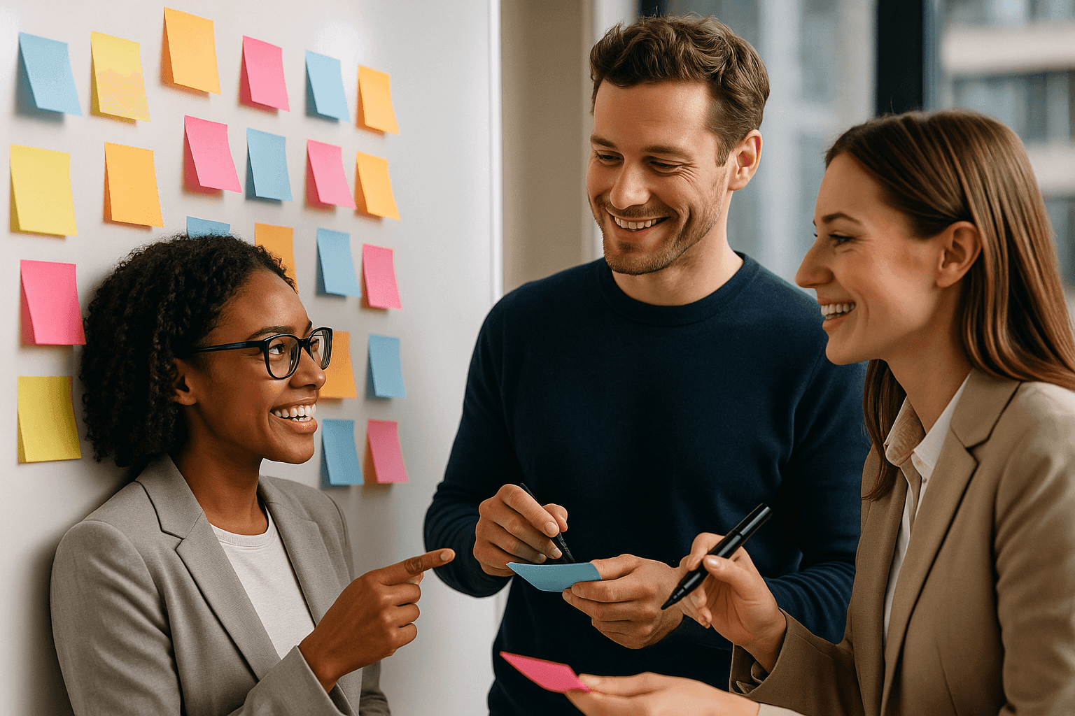 Three colleagues discussing ideas and holding sticky notes in front of a board with colorful notes.